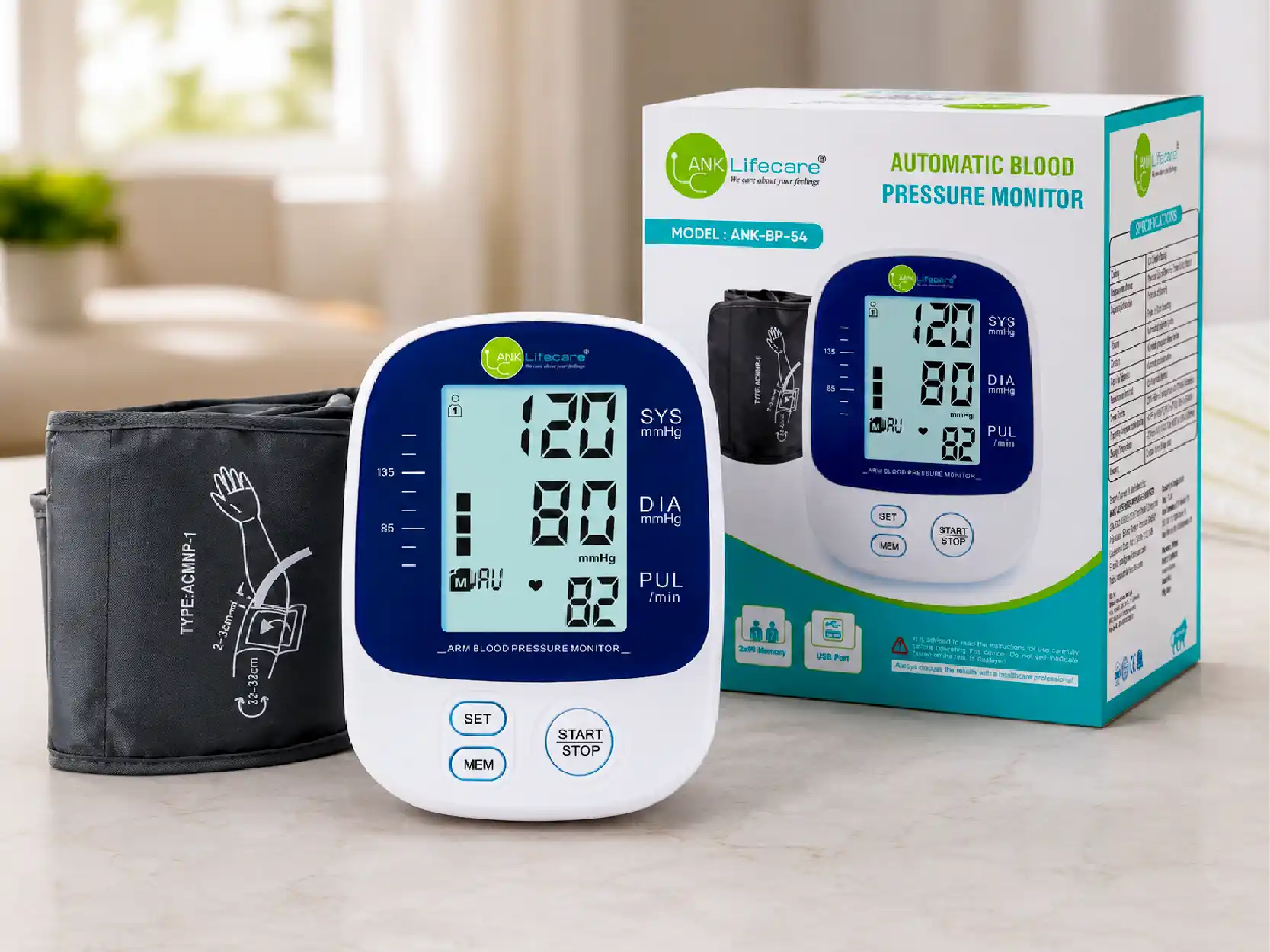 ANK LifeCare automatic arm blood pressure monitor with large LCD display