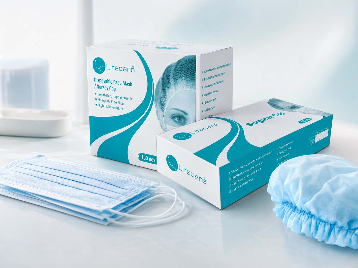 LifeCare disposable face masks and surgeons caps for daily healthcare protection